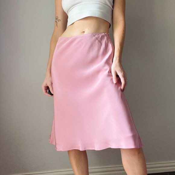 Vintage 100% Silk Pink High Waist Midi Slip Skirt - Picture 1 of 7